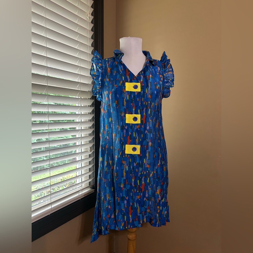 Blue Patterned Dress with Yellow Accents